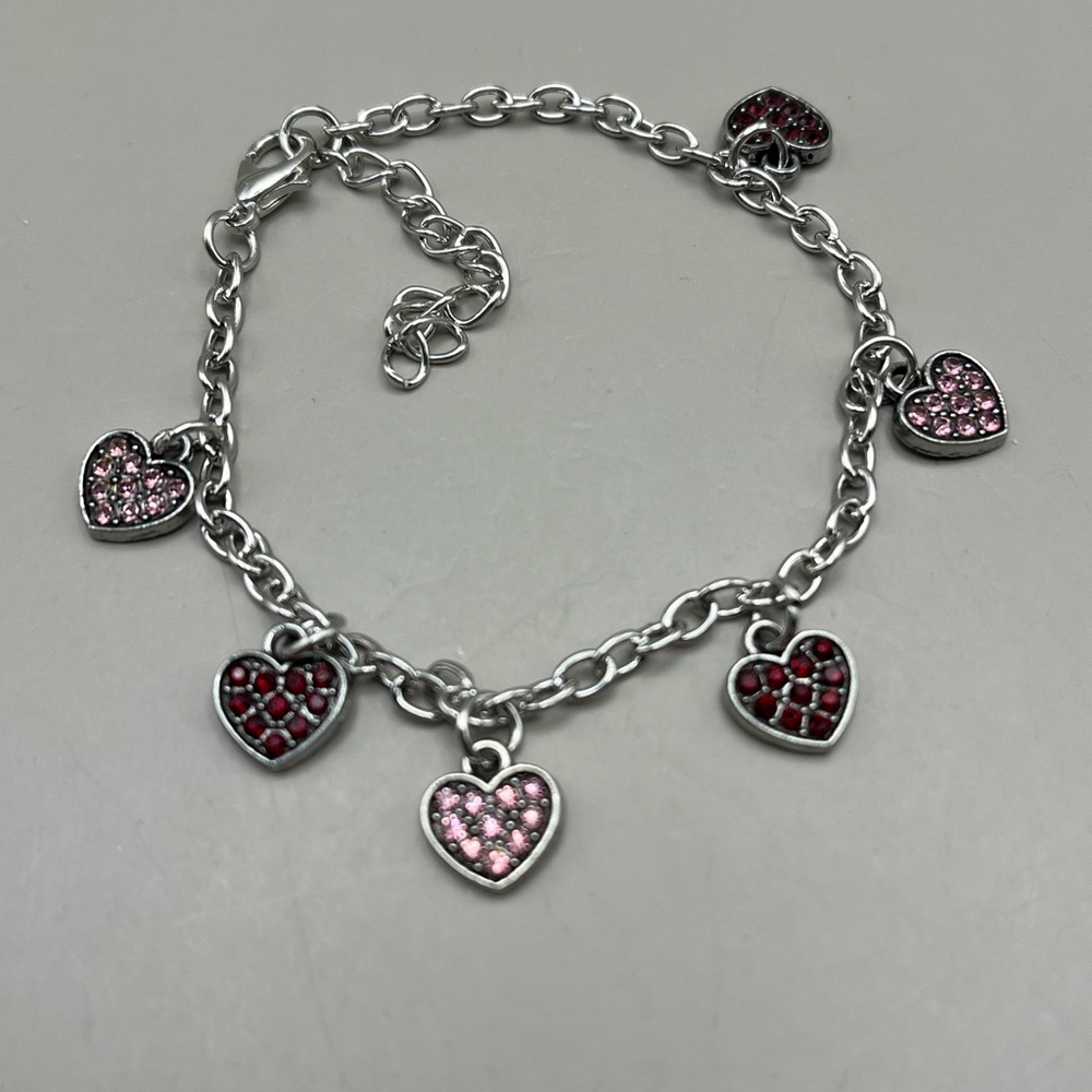 Silver Toned Heart Charm Bracelet with Pink and Red Accents